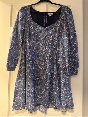 J. Crew Blue Paisley Long Sleeve Dress with Pink Accents